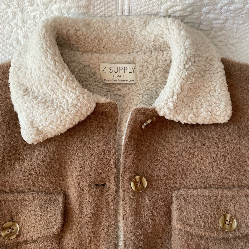 Z Supply Jordan Jacket Sweater Knit/Sherpa Campfire Tan/Brown/Cream XS - Picture 5 of 15